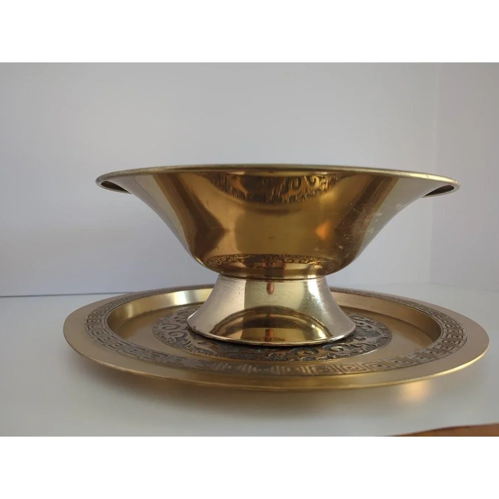 Vintage United Metal Goods Pedestal Bowl & Greek Key Tray Set Gold Decor 116